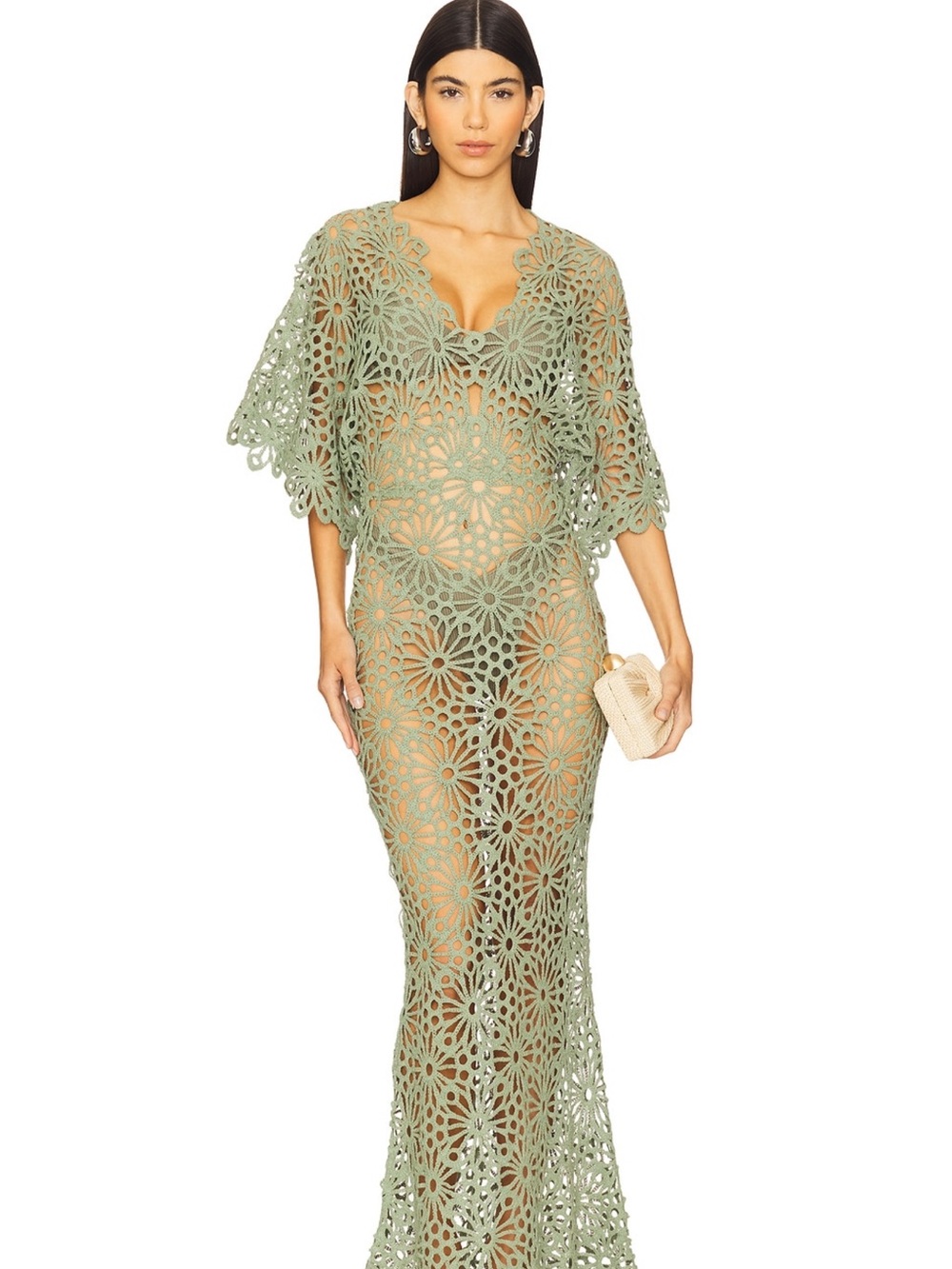 Norma Kamali Sage Green Crochet Maxi Swim Coverup